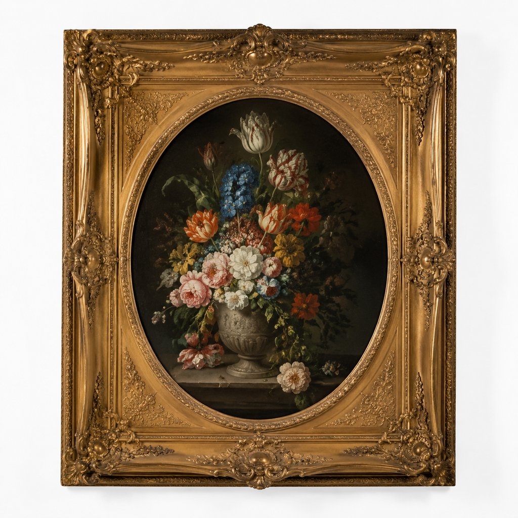 华丽金色画框中的花卉静物油画,古典写实风格