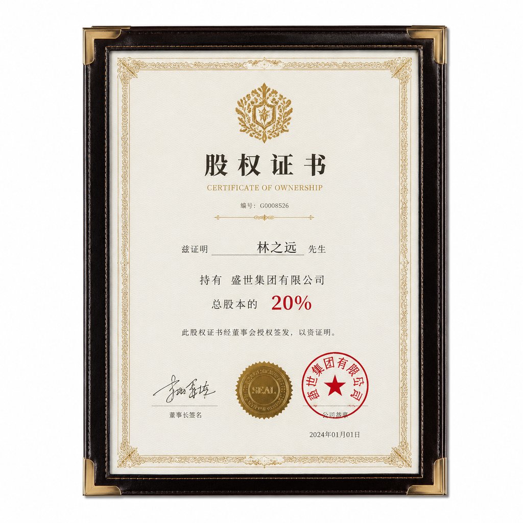 股权证书烫金边框奢华写实道具图，含印章与签名