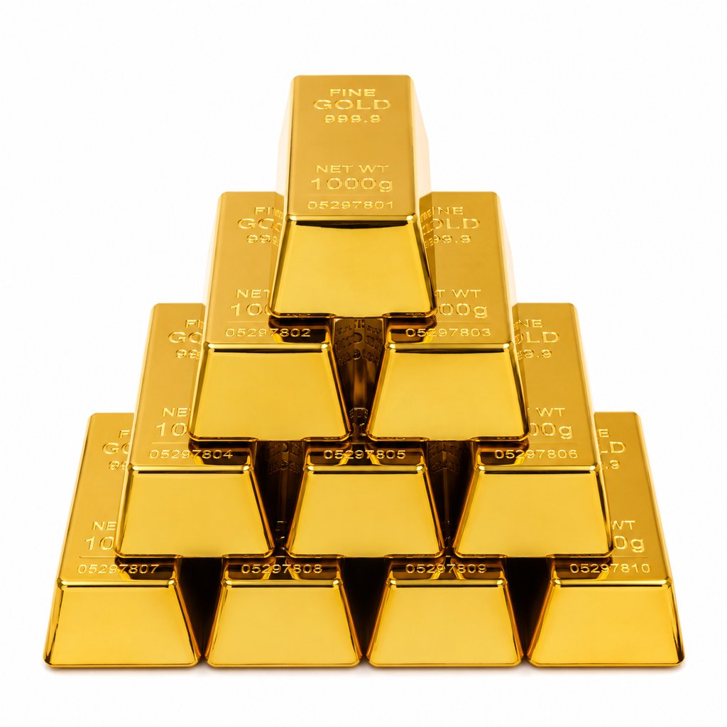 堆叠的抛光金条，编号清晰，写实风格，展现奢华质感