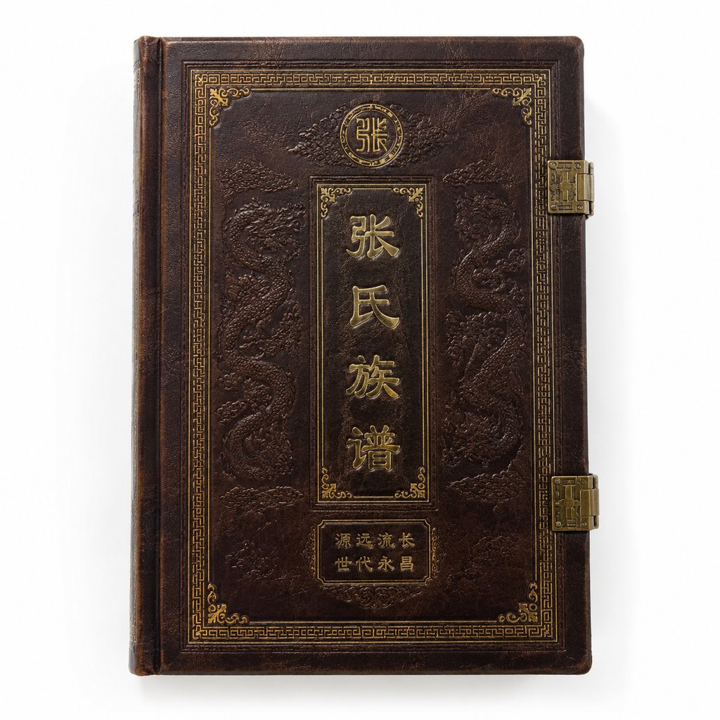 深棕色皮革烫金族谱封面,饰有龙纹和金色文字,古典奢华风格