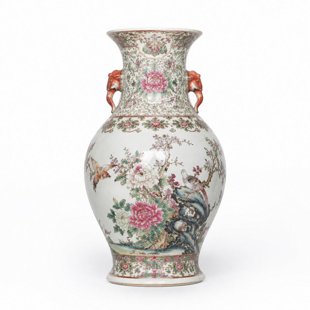 古董瓷器,粉彩花卉鸟纹,象首耳,釉光细腻,写实风格