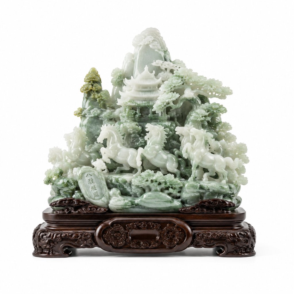 玉石摆件,温润玉质雕刻山水楼阁与骏马,配精美木座,写实奢华风格