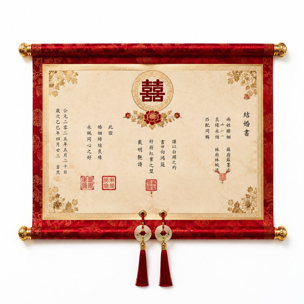 红色烫金绸面家族婚书，中式双喜图案，配印章与流苏，古典奢华风格