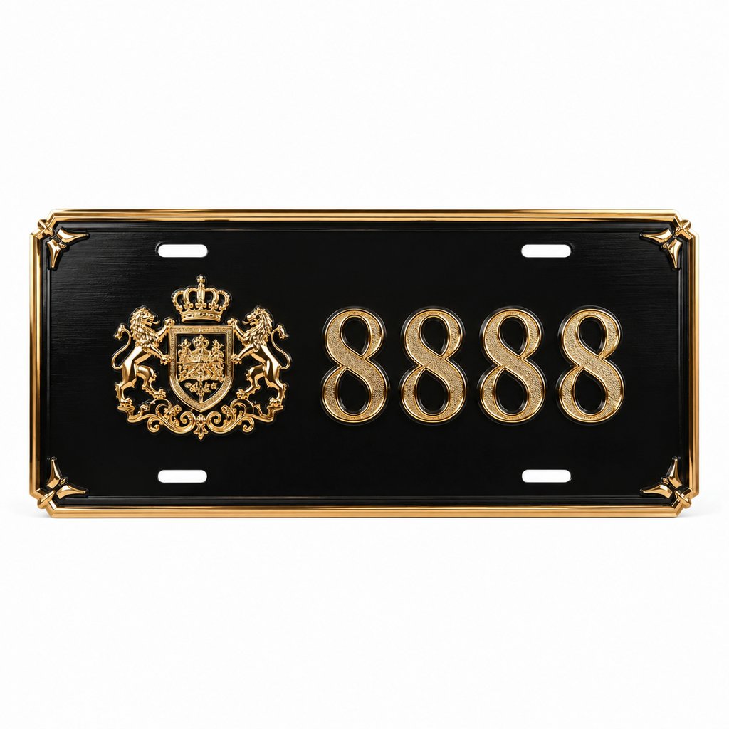 黑色镀金边私人定制车牌，金色徽章与数字8888，奢华写实风格