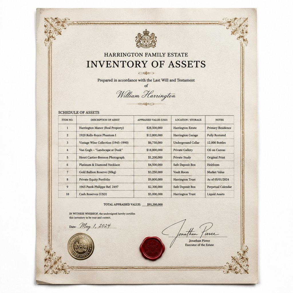 家族遗产清单，复古风格资产明细表，含印章与签名，奢华写实道具