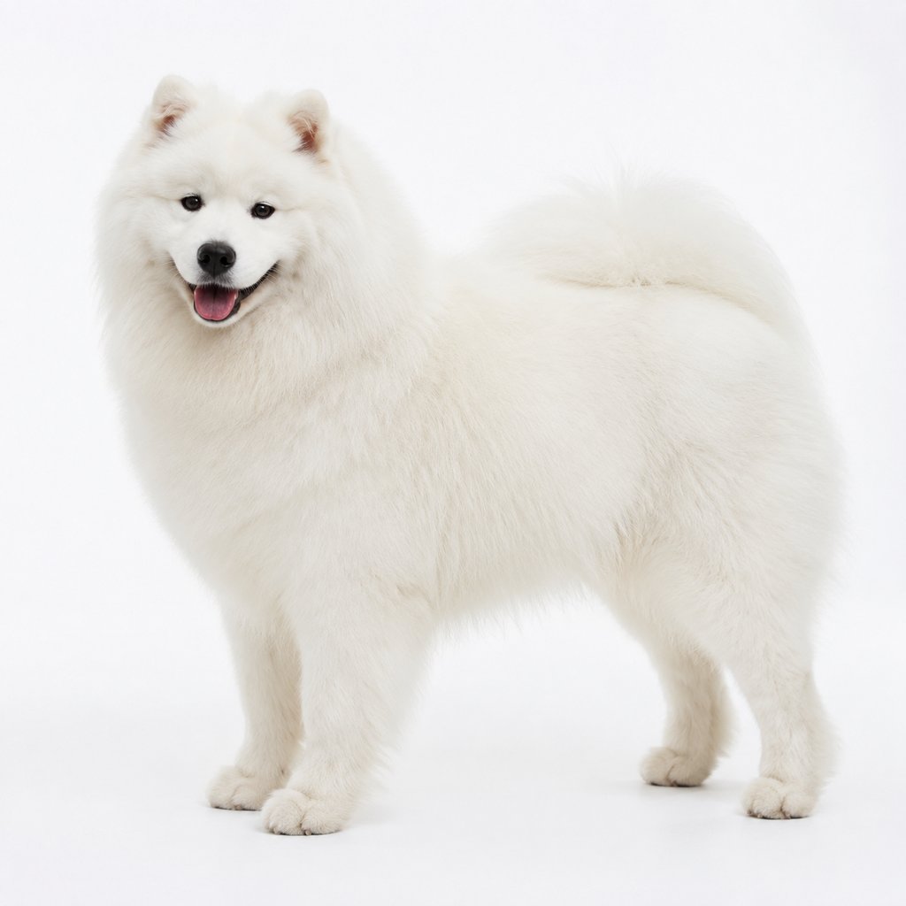 纯种萨摩耶犬,雪白蓬松毛发,微笑表情,华贵优雅,写实风格