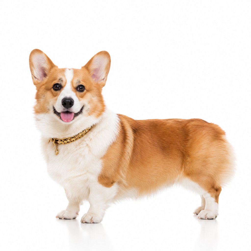 纯种柯基犬,短腿大耳,佩戴金色奢华项圈,写实风格