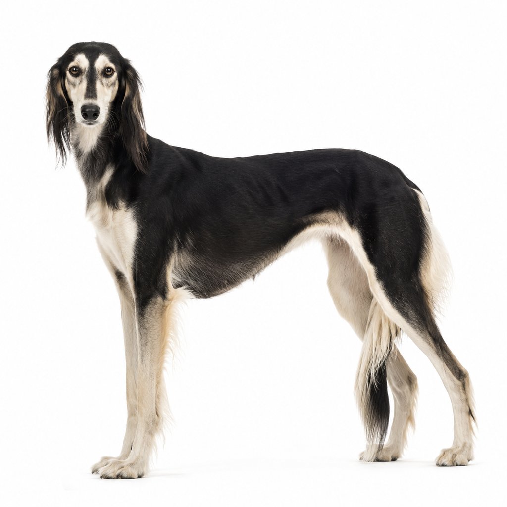 黑色与白色相间的名贵猎犬,站立姿态优雅,毛发光泽健美,英伦奢华风格写实动物图