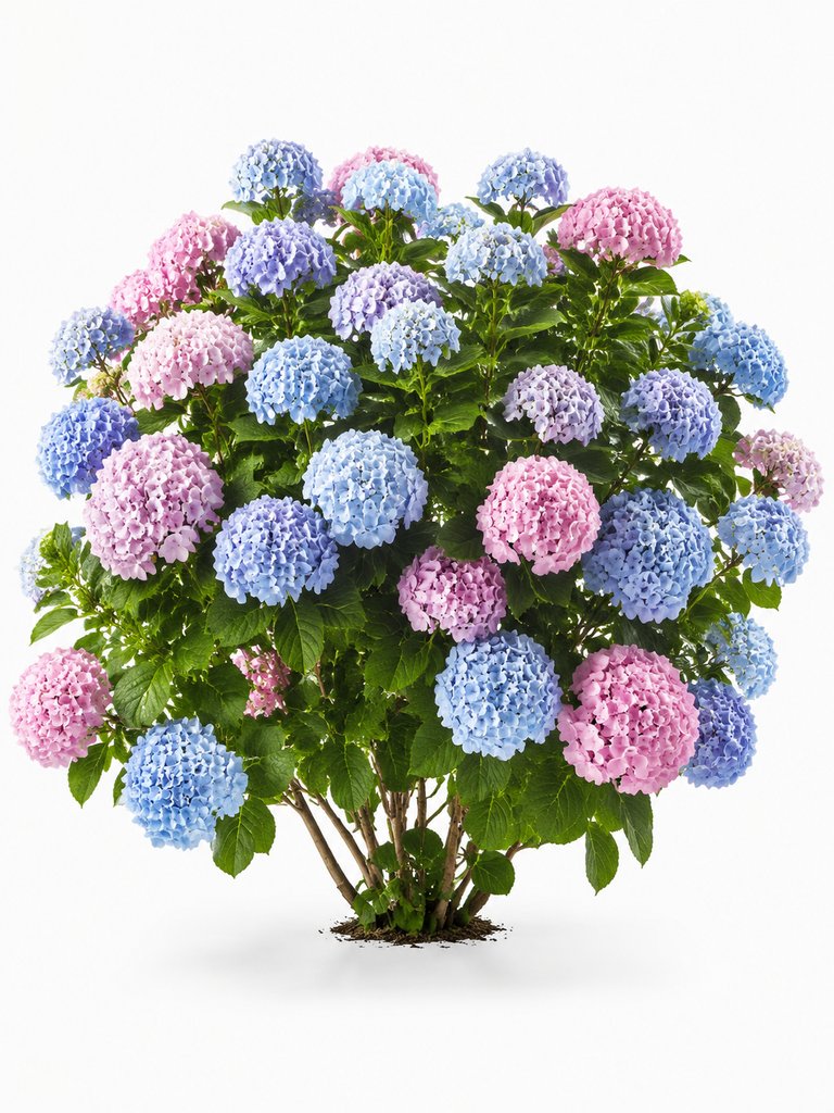蓝粉相间的绣球花丛，绿叶衬托，写实风格3D植物素材