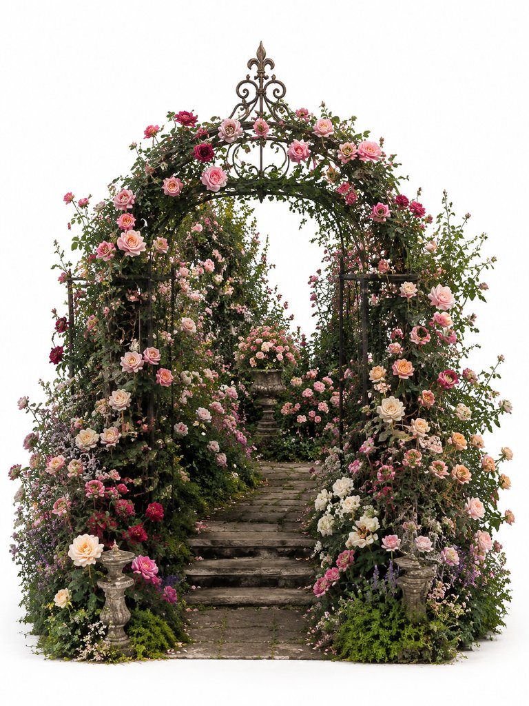 玫瑰花拱门环绕石阶小径，繁茂花卉与铁艺装饰，写实奢华园林风格
