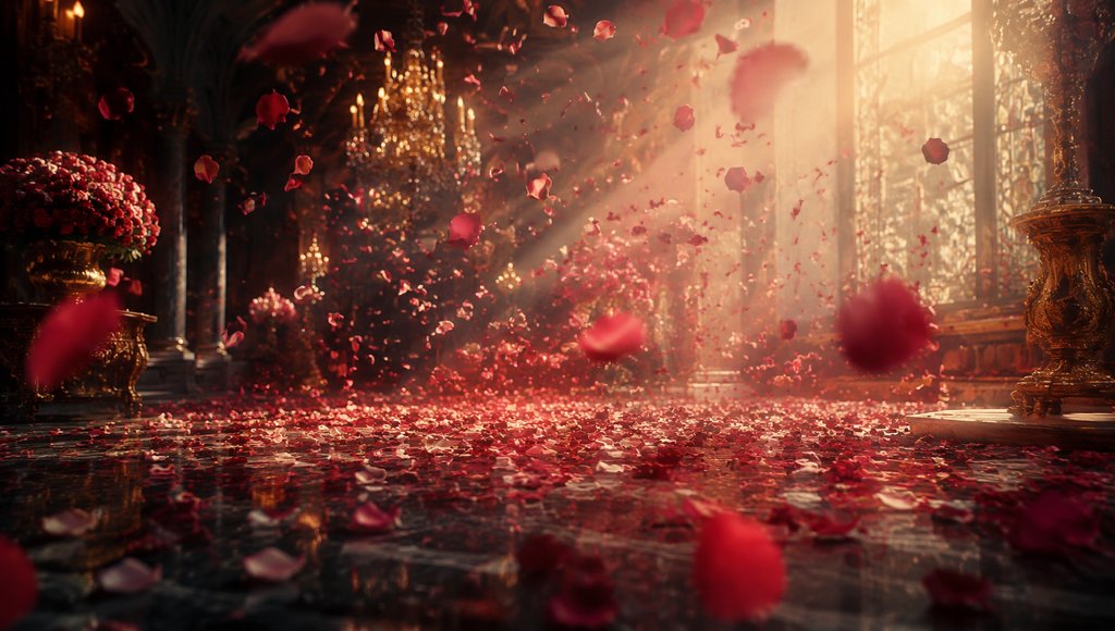 奢华宫殿中飘落的红色玫瑰花瓣，阳光透过彩窗，3D写实特效场景
