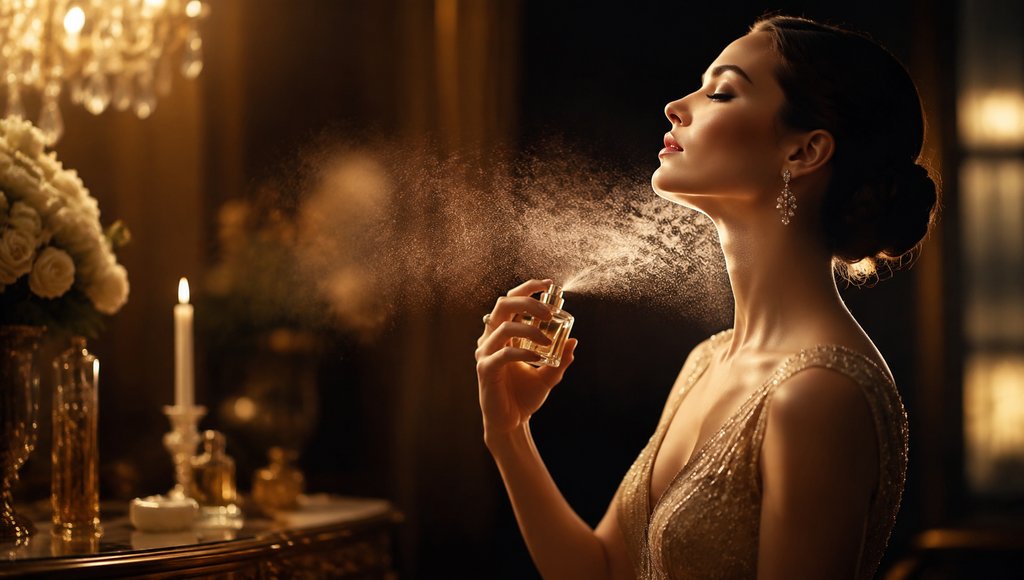 优雅女性喷洒名贵香水，细腻雾粒在光线下闪耀，奢华写实风格