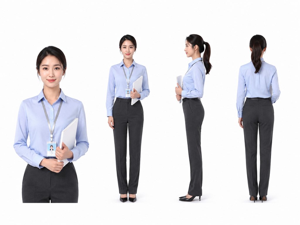 职场女性身穿浅蓝衬衫与深灰西裤，佩戴工牌手持文件，正面、侧面、背面多角度展示，现代都市写实风格