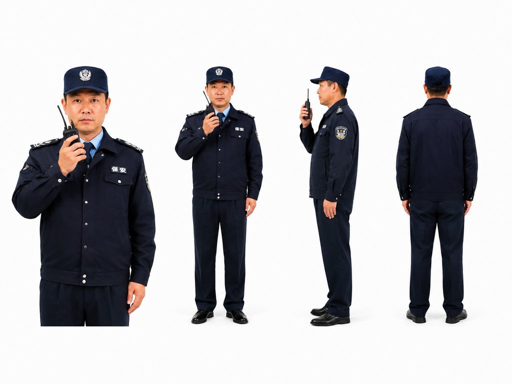 保安身穿深蓝色制服，佩戴帽子和对讲机，多角度展示，写实风格