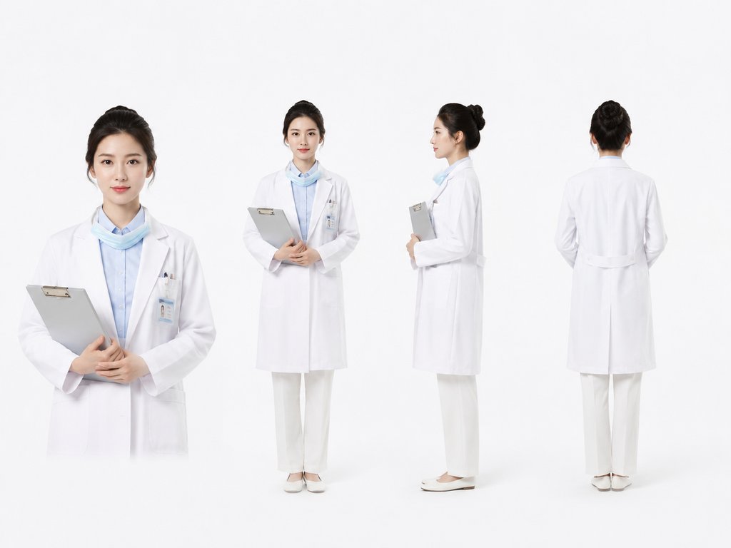 女医生身穿白大褂，盘发造型，手持病历夹，知性现代都市写实风格