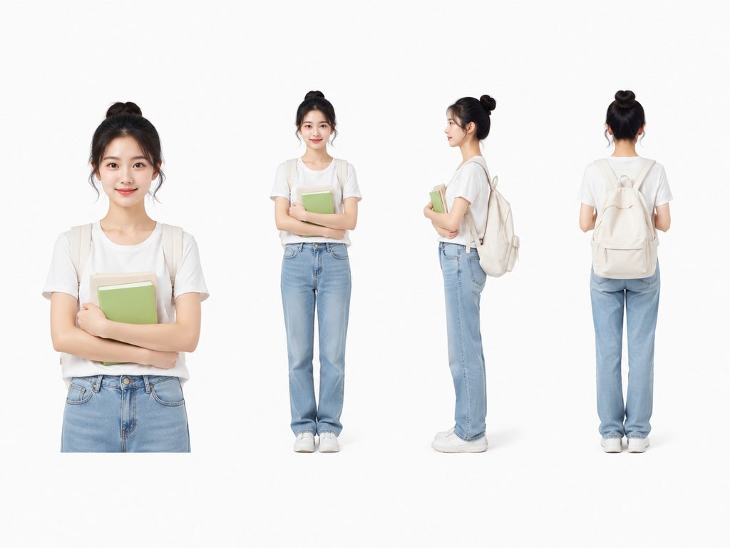 女大学生正面、侧面、背面视角，身穿白色T恤和牛仔裤，背着双肩包，手持绿色书本，清新校园风格