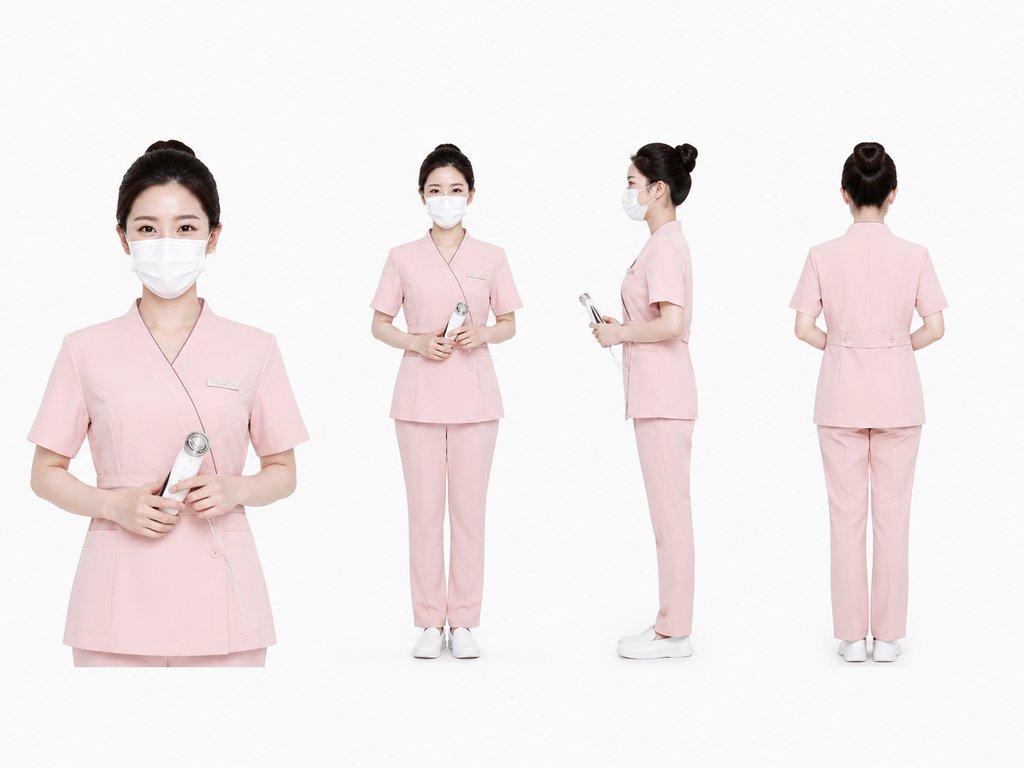 美容师身穿粉色制服，佩戴口罩，手持美容仪，多角度展示，现代都市写实风格