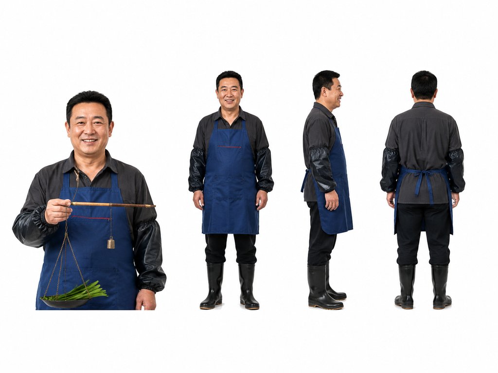 菜场摊主身穿蓝色围裙和黑色套袖,手持杆秤称量青菜,展示正面、侧面和背面视角,现代都市写实风格