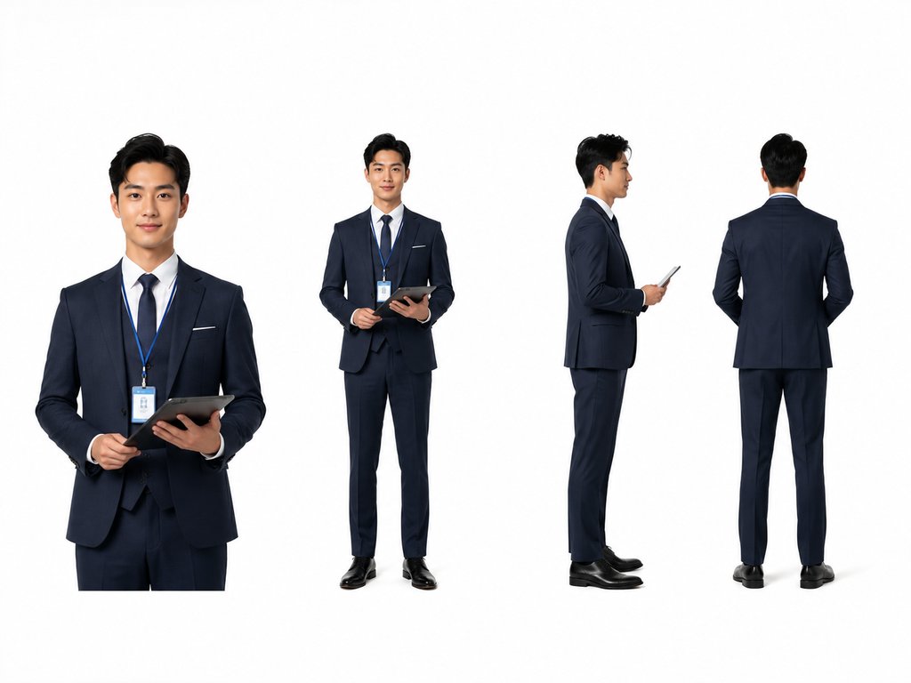 房产中介男性，身穿深蓝色西装马甲，佩戴工牌，手持平板电脑，现代都市写实风格