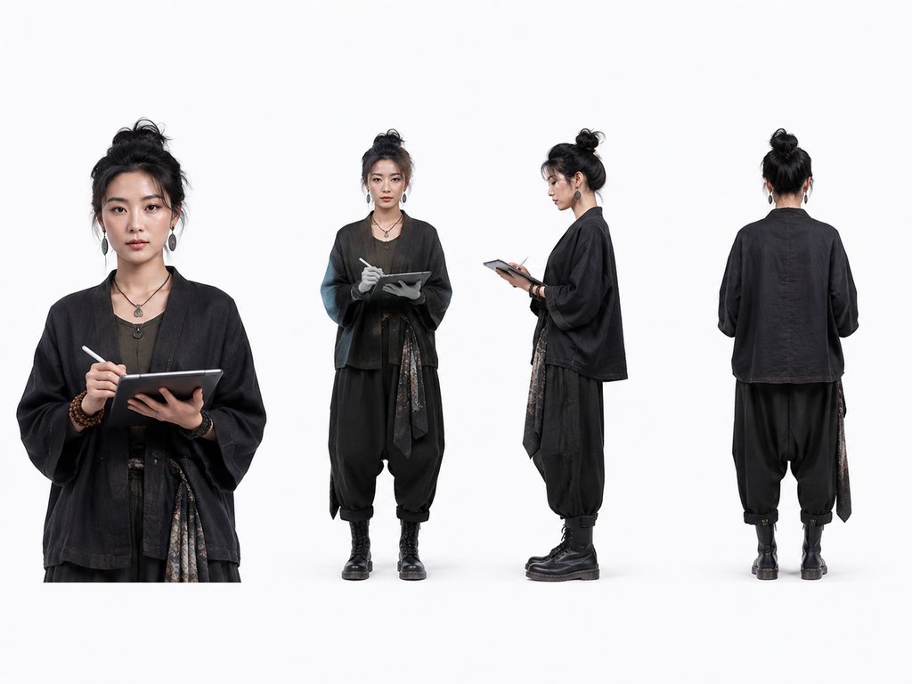 亚洲女性设计师，身穿文艺潮装，手持手绘板与笔，多角度展示，现代都市写实风格