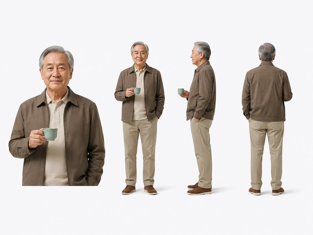 慈祥退休老人手持茶杯,身穿棕色夹克与米色裤子,现代都市写实风格3D角色参考图