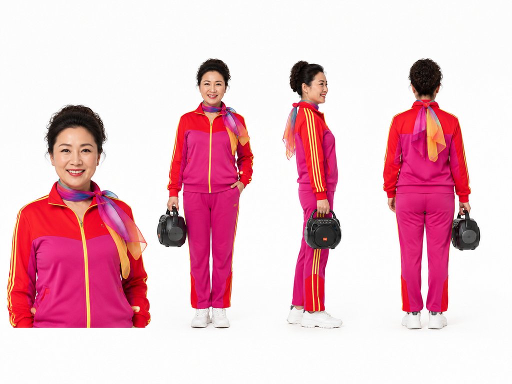 广场舞大妈身穿鲜艳运动服,佩戴彩色丝巾,手持音响,展现活力四射的现代都市形象