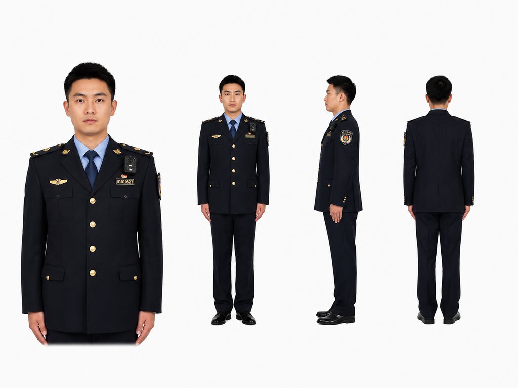 城管执法人员身穿制服,佩戴执法记录仪,正面、侧面、背面多角度展示,现代都市写实风格