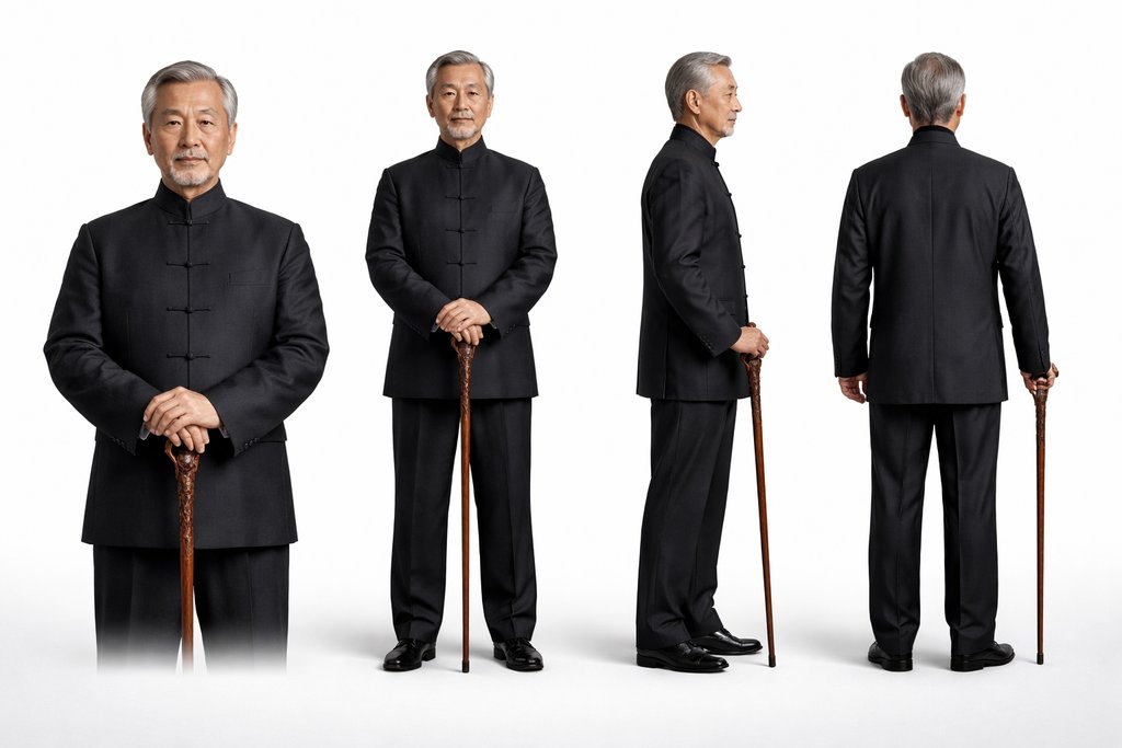 一位身穿黑色唐装、手持拐杖的威严老爷子,正面、侧面和背面多角度展示,现代都市写实风格