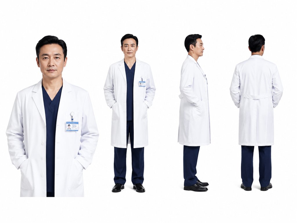 外科主任身穿白大褂,佩戴工作证,正面、侧面、背面多角度展示,现代都市写实风格