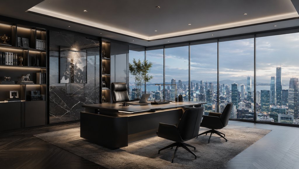 现代CEO办公室，黑色大班台，落地窗俯瞰城市天际线，简约奢华风格