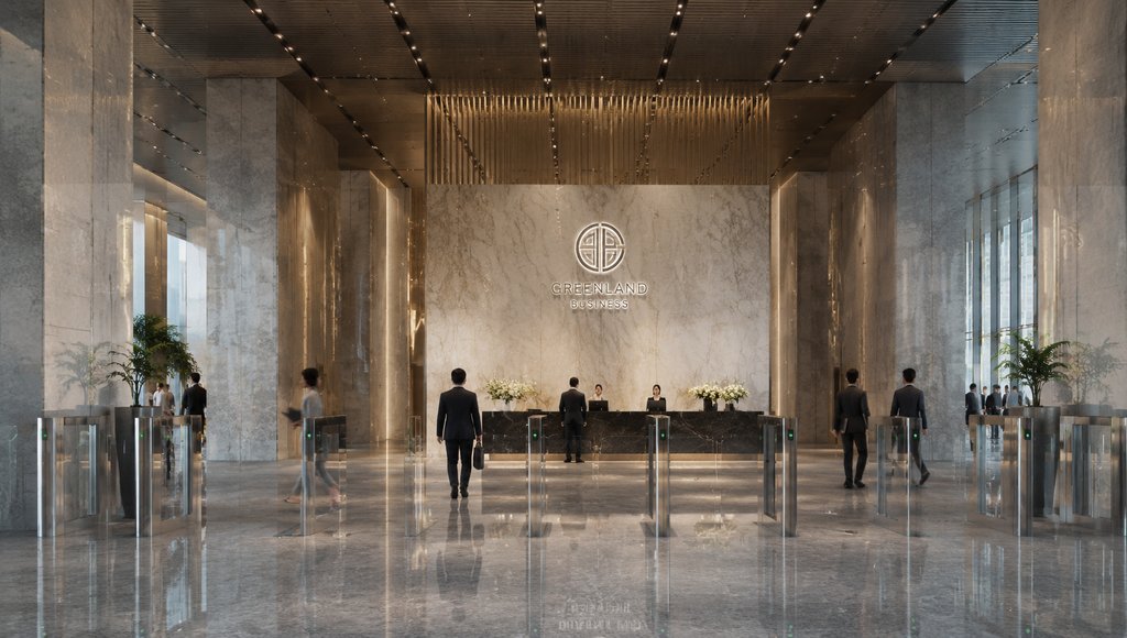 现代写字楼大堂,大理石墙面与logo墙,闸机通道,商务人士穿行,写实风格