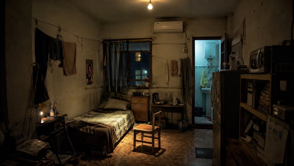 昏暗出租屋内景，单人床、旧家具与堆物，现代都市写实风格