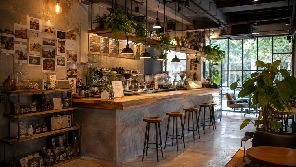 现代网红咖啡店内部,原木吧台搭配绿植和打卡墙,工业风设计