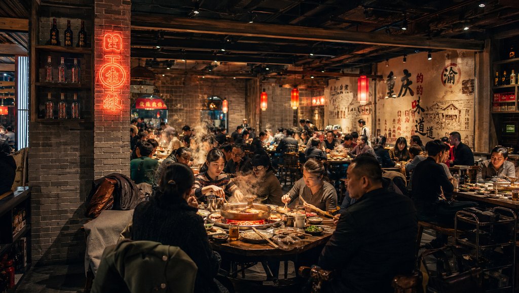 热闹的火锅店内部,铜锅红汤热气腾腾,多人围坐用餐,复古工业风装饰,霓虹灯与砖墙营造现代都市氛围