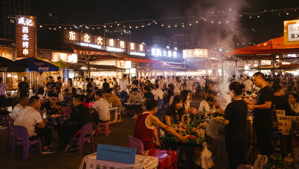 夜市大排档灯火通明,人群围坐塑料桌凳享用烧烤,串灯点缀,现代都市夜生活写实场景
