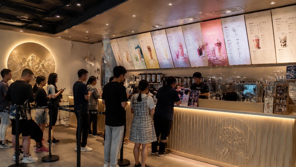 现代奶茶店内部,顾客排队点单,缤纷菜单墙与木质吧台,写实都市场景