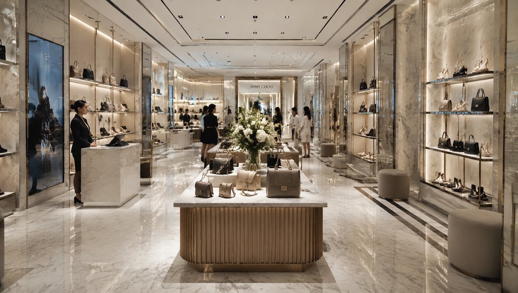 现代奢华奢侈品店内部,大理石地面与展柜,陈列名牌包与高跟鞋,金色装饰,明亮灯光