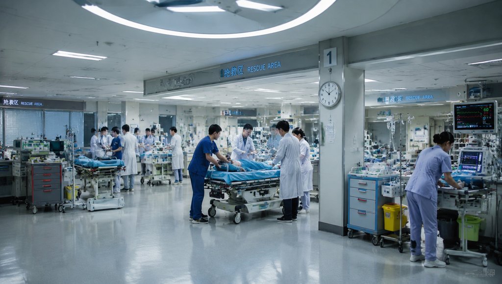 现代急诊室场景,医护人员忙碌救治患者,推床与急救设备环绕,写实风格