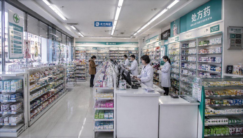 现代药店内部场景，白色货架陈列药品，药剂师穿白大褂工作，明亮整洁的都市写实风格