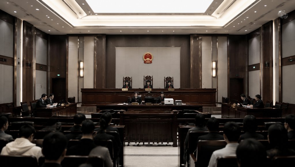 现代法庭审判场景,法官席前悬挂法徽,原被告席对称布置,观众席坐满旁听人员,写实风格