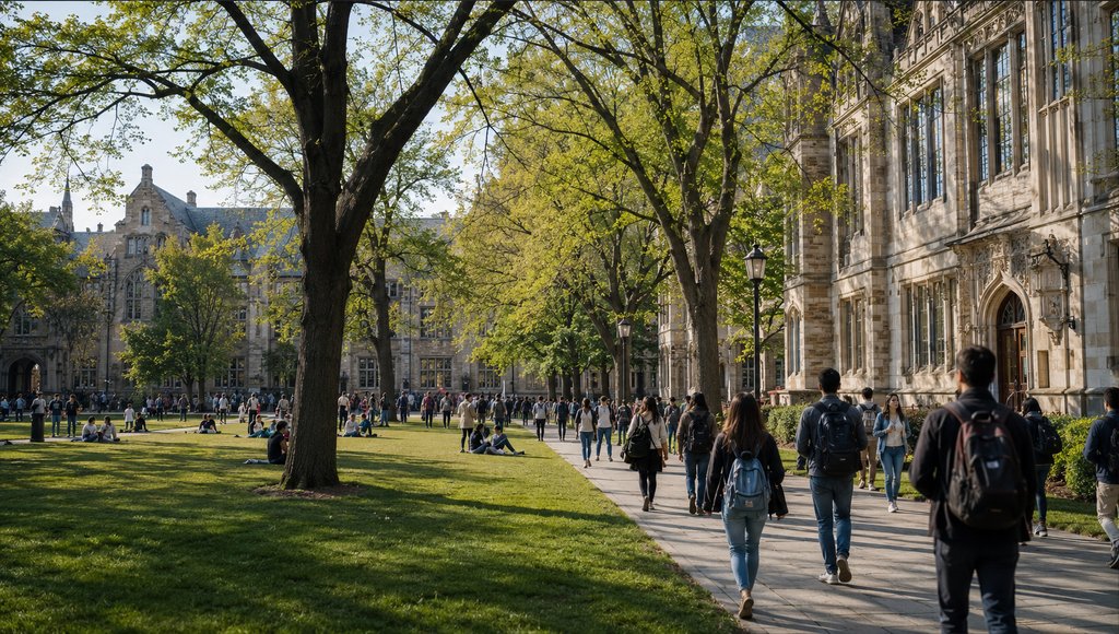大学校园林荫道,学生漫步于教学楼间,绿树成荫,草坪上有人休憩,写实风格
