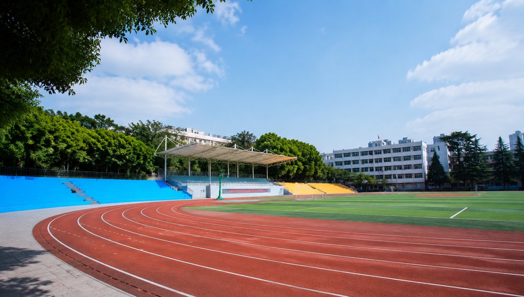 学校操场，红色跑道环绕绿色足球场，蓝色和黄色看台，现代建筑背景，写实风格