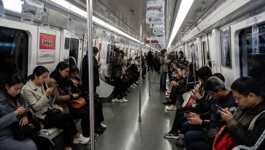 地铁车厢内乘客通勤场景，多人低头看手机，现代都市写实风格