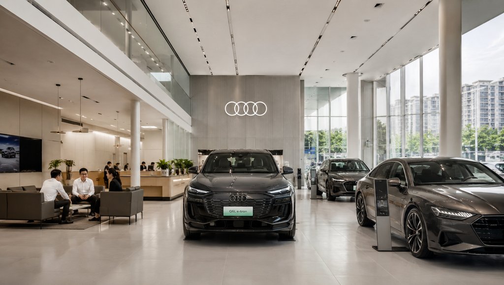 现代奥迪4S店展厅，展示多辆展车，中央悬挂品牌logo，洽谈区人物交谈，明亮通透的都市写实风格