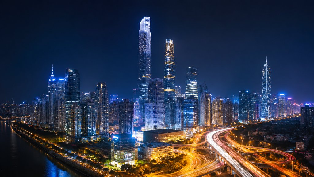 现代都市CBD夜景，摩天大楼灯火辉煌，车流光轨交织，写实风格