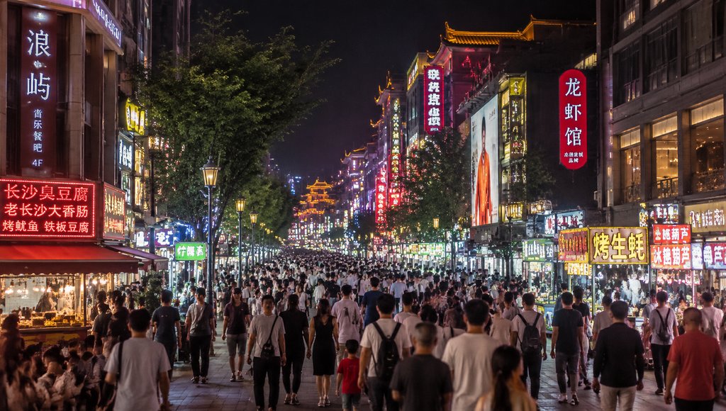 夜晚繁华城市步行街，人群熙攘，霓虹招牌闪烁，现代都市写实风格
