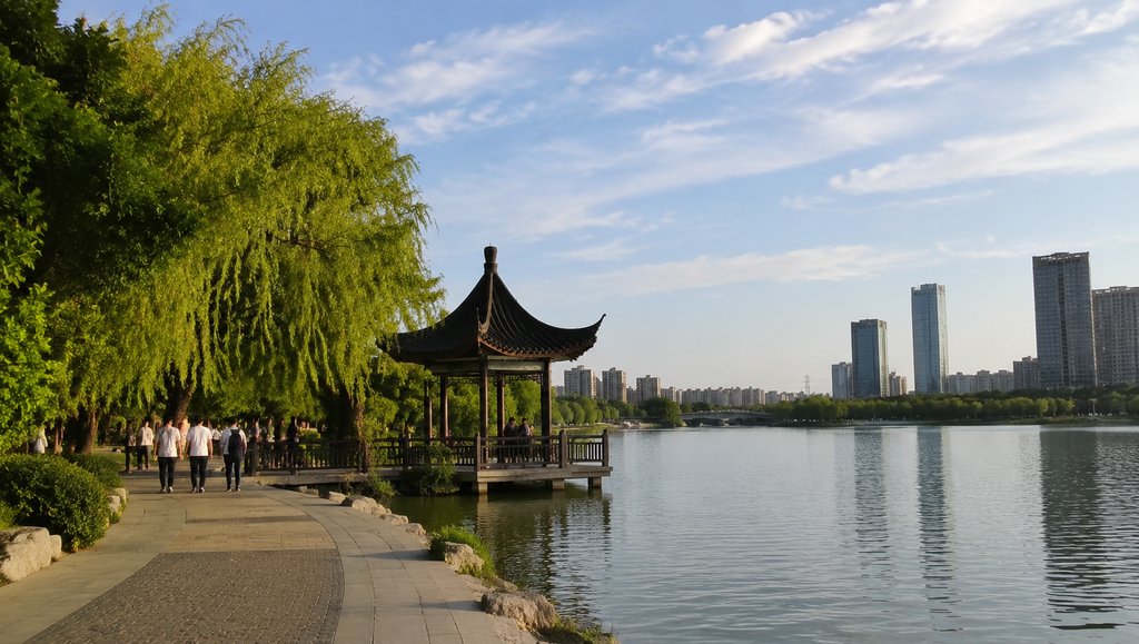 城市公园湖边步道，绿树成荫，中式亭台临水而建，远处高楼林立，现代都市与自然景观和谐共存