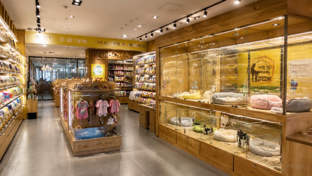 现代宠物店内部，玻璃笼养幼宠，木质货架陈列用品，温馨明亮