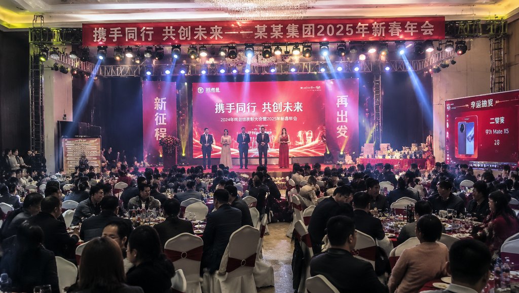 公司年会现场，舞台灯光璀璨，圆桌宴席整齐排列，横幅标语醒目，现代都市写实风格
