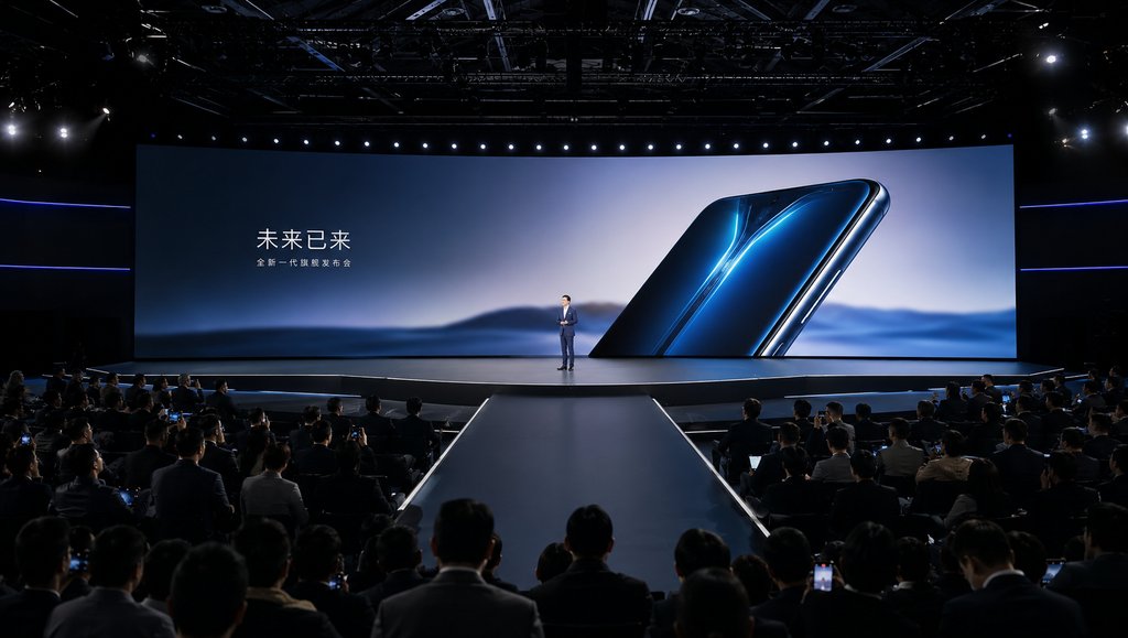 产品发布会现场，巨型屏幕展示未来手机，T台聚光灯下演讲者，现代都市写实风格